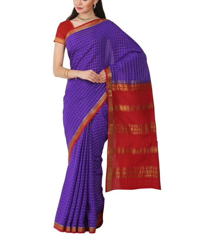 Purple and Marron  Contrast Checks Pure Mysore Silk Saree | KSIC Sarees | Creape Saree | Mysore silk sarees online