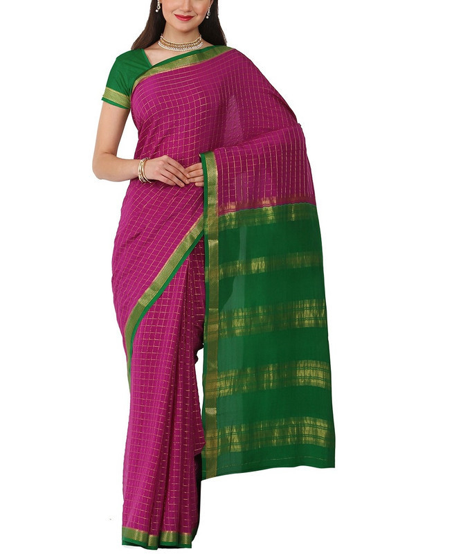 Purple and Bottle Green Contrast Checks Pure Mysore Silk Saree | KSIC Sarees | Creape Saree | Mysore silk sarees online