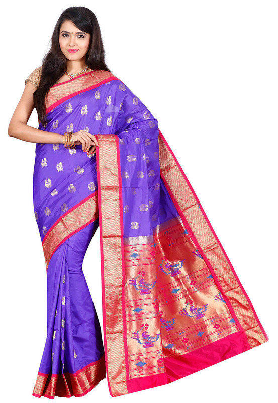 Paithani Pure Silk in Indigo Blue with Red Contrast Border Meena Butta Saree with Silk Mark