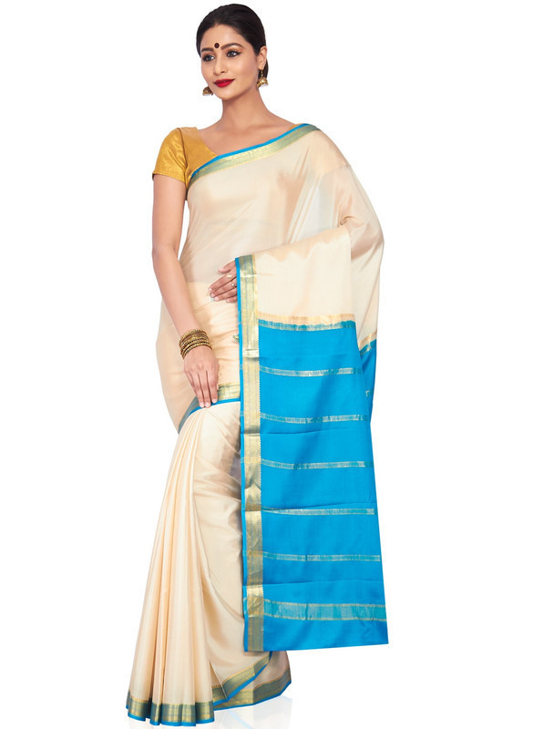 White with Sky Blue Mysore Silk Saree | KSIC Sarees Creape Saree | mysore silk sarees online | ksic sarees online shopping