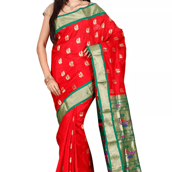 Paithani Pure Silk in Tomato Red with Green Contrast Border Meena Butta Saree with Silk Mark