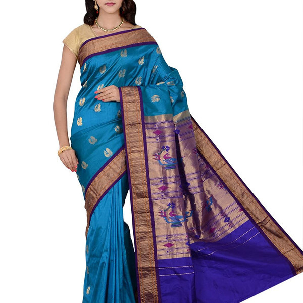 Paithani Pure Silk  in Blue with Voilet Contrast Border Meena Butta Saree with Silk Mark