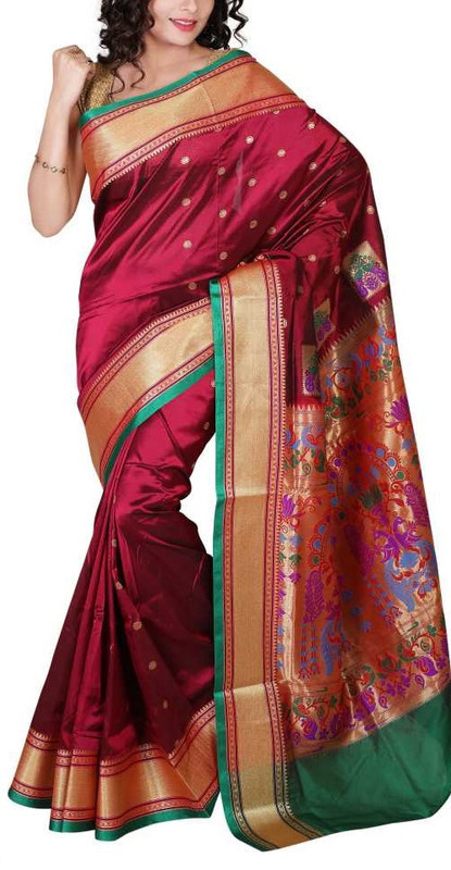 Wine Red and Green Border Kadiyal Paithani Sarees | Paithani sarees online | New paithani sarees