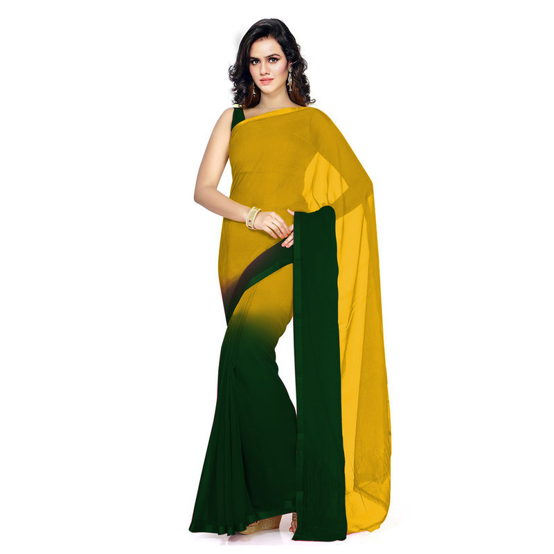 Yellow and Green Pure Georgette Sarees | Plain Georgette Sarees | Designer Saree Online