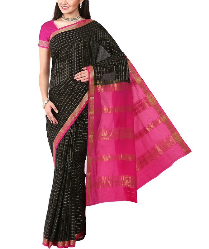 Black and Rani Pink Checks  Mysore Silk Saree | KSIC Sarees | Creape Saree | Mysore silk sarees online