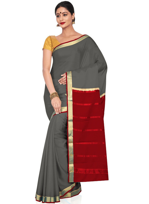 Cement Grey and Marron Mysore Silk Saree | KSIC Sarees | Creape Saree | mysore silk sarees online