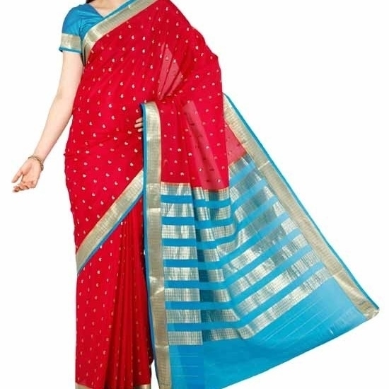 Tomato Red with Anandha Blue Mysore Silk Saree | KSIC Sarees | Creape Saree | Mysore silk sarees online