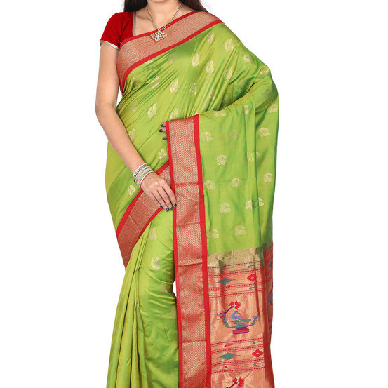 Paithani Pure Silk in Olive Green with Red Contrast Border Meena Butta Saree with Silk Mark