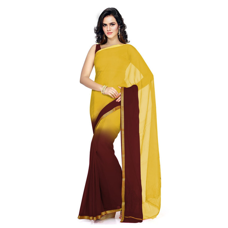 Yellow and Brown Silk Pure Georgette Sarees | Plain Georgette Sarees | Designer Saree Online
