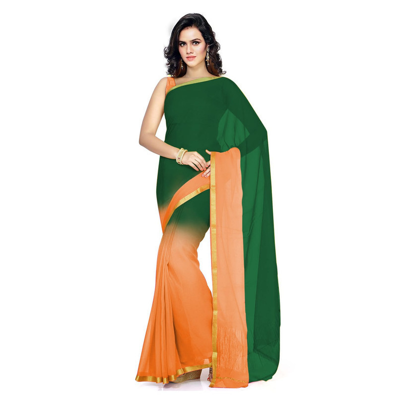 Green and Orange Pure Georgette Sarees | Plain Georgette Sarees | Designer Saree Online