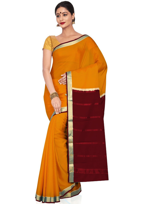 Mustard Orange and Marron Mysore Silk Saree | KSIC Sarees | Creape Saree | mysore silk sarees online