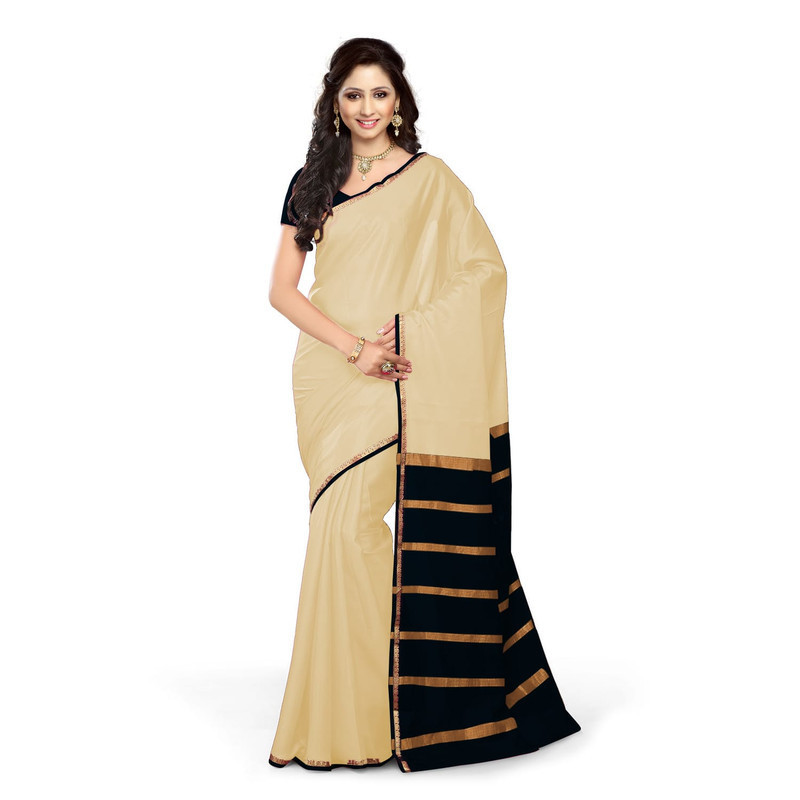 Tussar Cream with Black  Kerala sari | Onam Saree | Kasavu Saree | Kasavu Saree Online