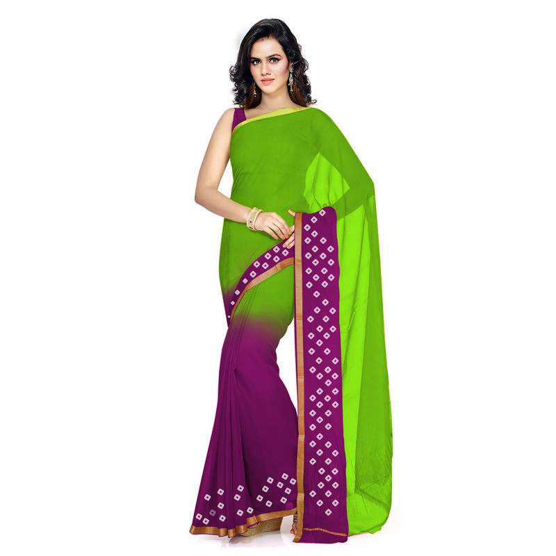 Parrot Green and Purple Silk Pure Georgette Sarees | Plain Georgette Sarees | Designer Saree Online
