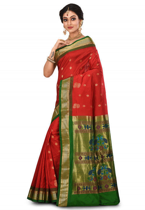 Paithani Pure Silk in Red with Green Contrast Border Meena Butta Saree with Silk Mark