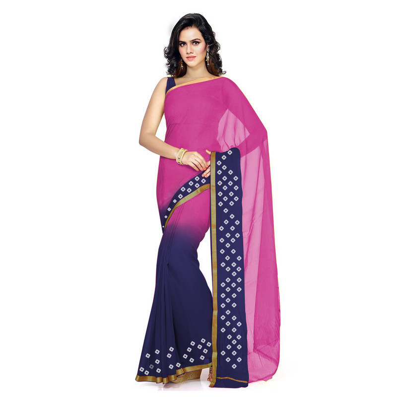 Baby Pink with Royal Blue Pure Georgette Sarees | Plain Georgette Sarees | Designer Saree Online