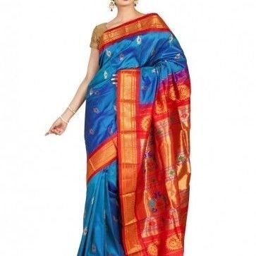 Paithani Pure Silk  Rama Blue and Red Border  Meena Butta  Saree with Silk Mark