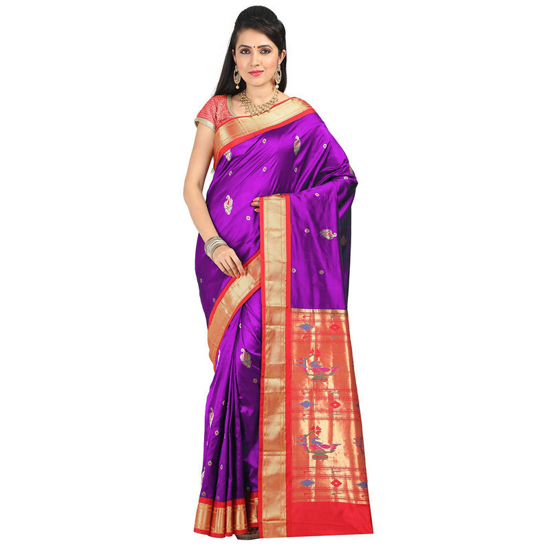 Paithani Pure Silk  in Majenta with Red Contrast Border Meena Butta Saree with Silk Mark