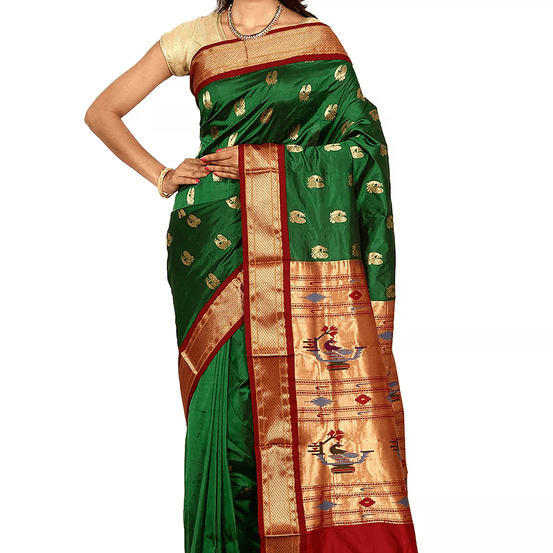 Paithani Pure Silk in Bottle Green with Red Contrast Border Meena Butta Saree with Silk Mark