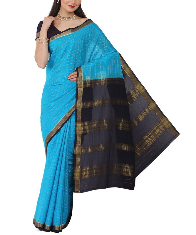 Anandha Blue and Royal Blue Checks Pure Mysore Silk Saree | KSIC Sarees | Creape Saree | Mysore silk sarees online