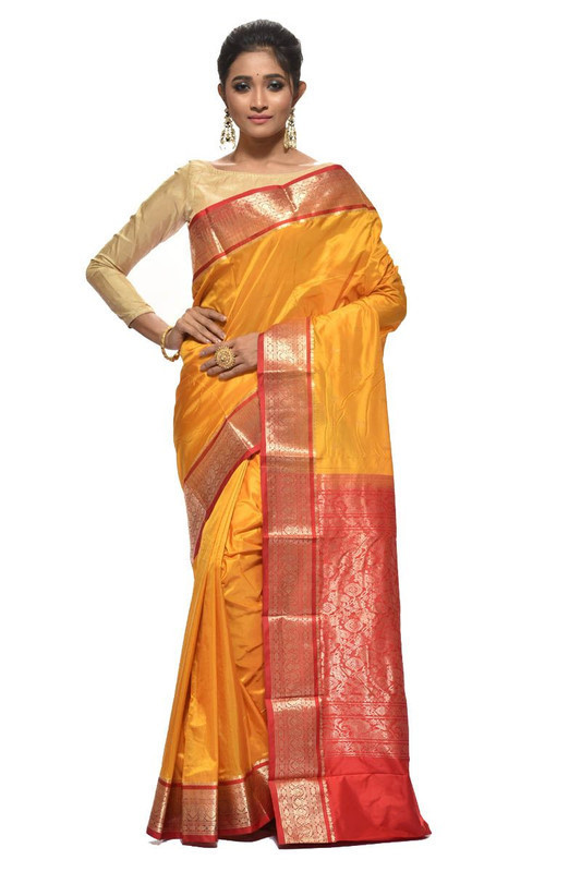 Mustard Orange and Red Kanchipuram Silk Sarees  Silk Saree  Saree Online  traditional kanchipuram silk sarees online shopping