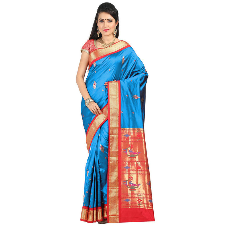 Paithani Pure Silk  in Blue with Voilet Contrast Border Meena Butta Saree with Silk Mark