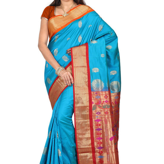Paithani Pure Silk in Sky Blue with Red Contrast Border Meena Butta Saree with Silk Mark