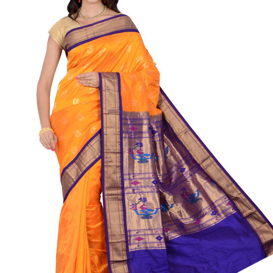 Paithani Pure Silk in Dark Orange with Voilet Contrast Border Meena Butta Saree with Silk Mark
