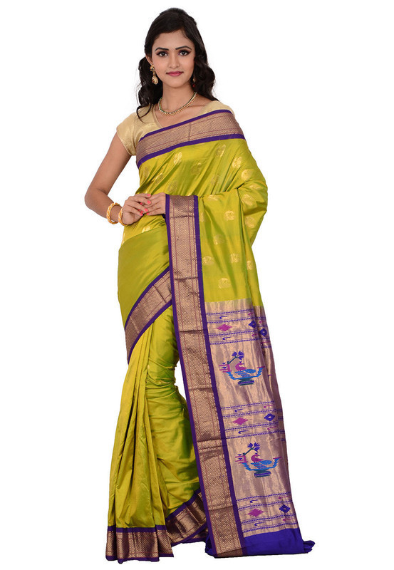 Paithani Pure Silk in Olive Green with Voilet Contrast Border Meena Butta Saree with Silk Mark