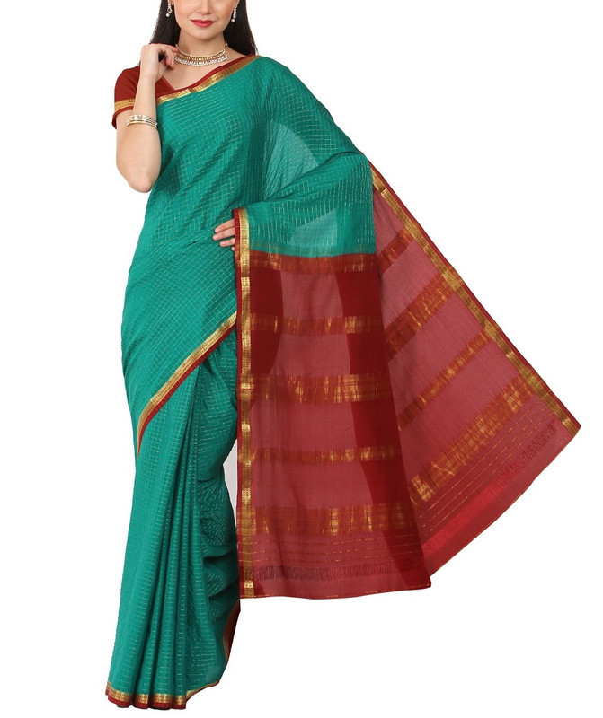 Teal Green and Marron Checks Pure Mysore Silk Saree | KSIC Sarees | Creape Saree | Mysore silk sarees online