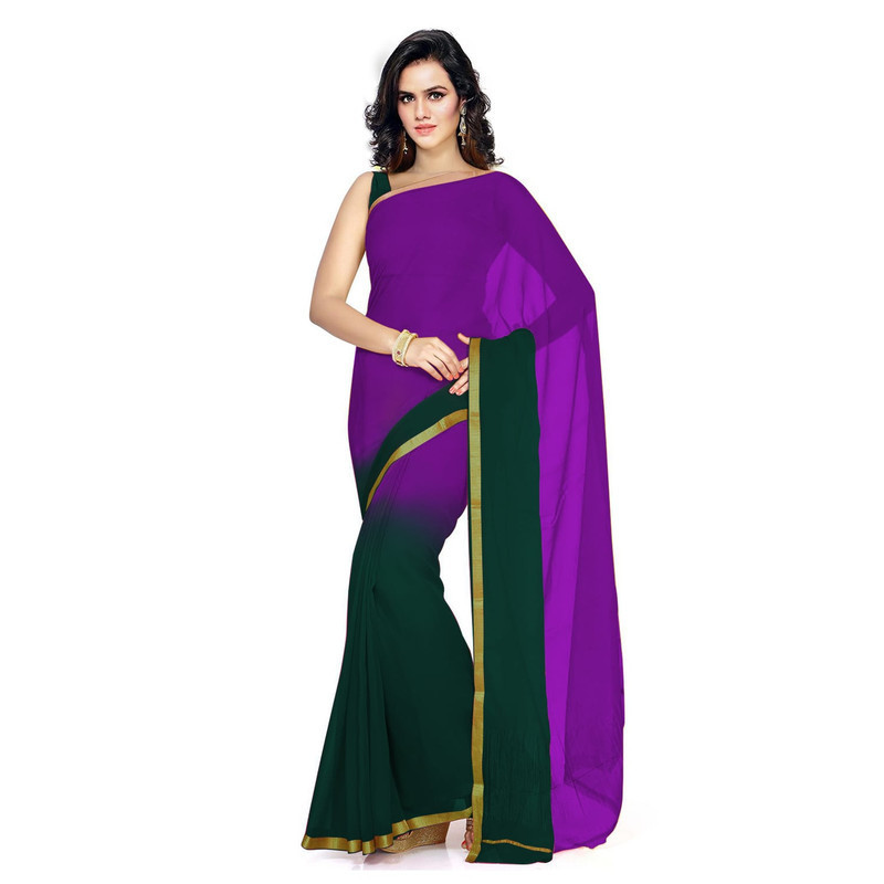 Purple and Green Silk Pure Georgette Sarees | Plain Georgette Sarees | Designer Saree Online