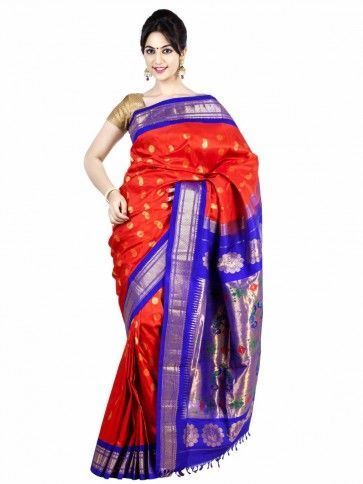 Paithani Pure Silk  in Red with Voilet Contrast Border Meena Butta Saree with Silk Mark