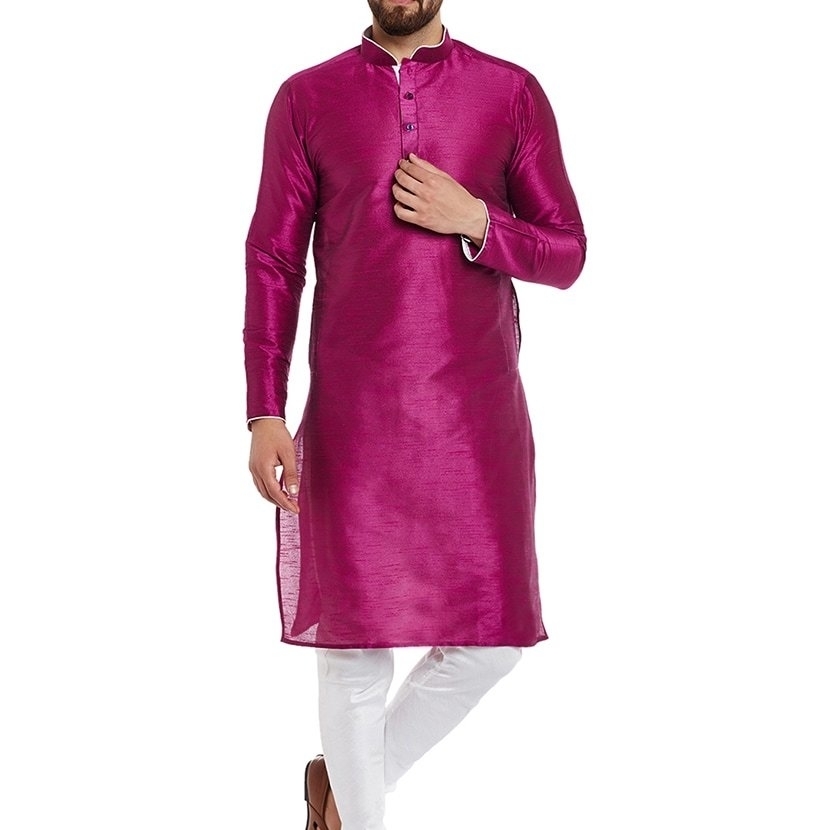 Magenta Dupion Silk Mens Kurtha with White Pygama