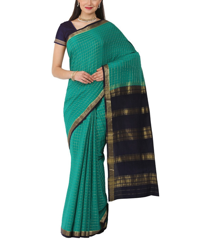 Teal Green and Royal Blue Contrast Checks Pure Mysore Silk Saree | KSIC Sarees | Creape Saree | Mysore silk sarees online