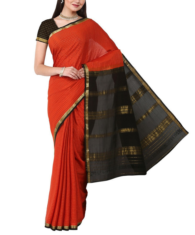 Tomato Red and Black Contrast Checks Pure Mysore Silk Saree | KSIC Sarees | Creape Saree | Mysore silk sarees online