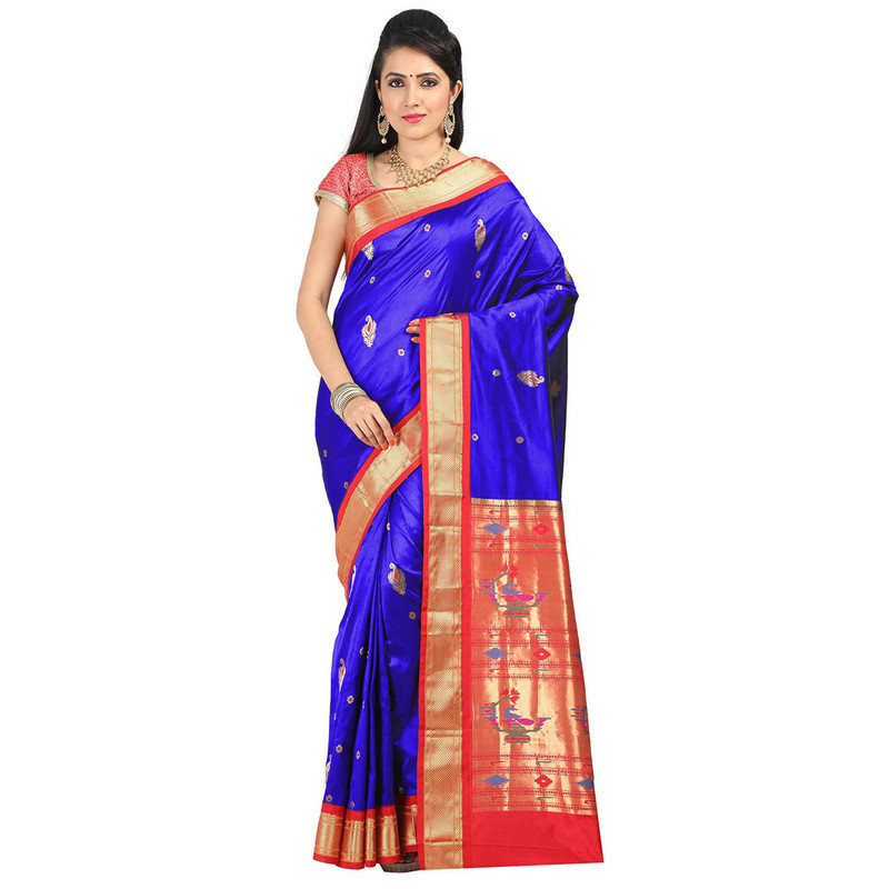 Paithani Pure Silk  in Olive Green with Rani Contrast Border Meena Butta Saree with Silk Mark