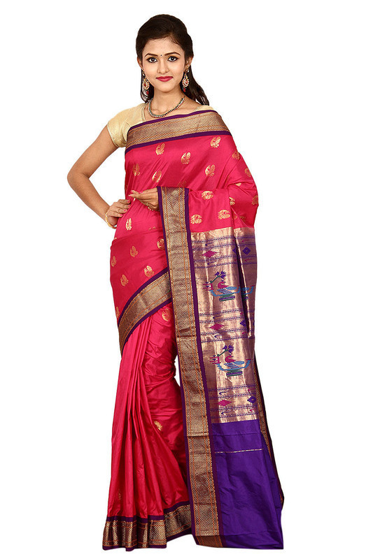 Paithani Pure Silk in Rani Pink with Voilet Contrast Border Meena Butta Saree with Silk Mark