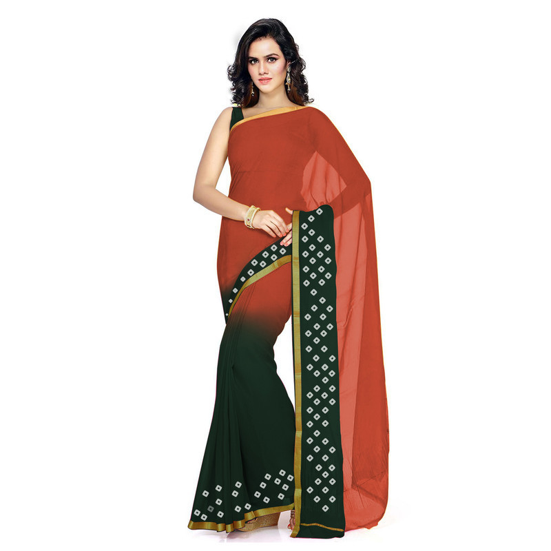 Baige Red with Bottle Green Pure Georgette Sarees | Plain Georgette Sarees | Designer Saree Online