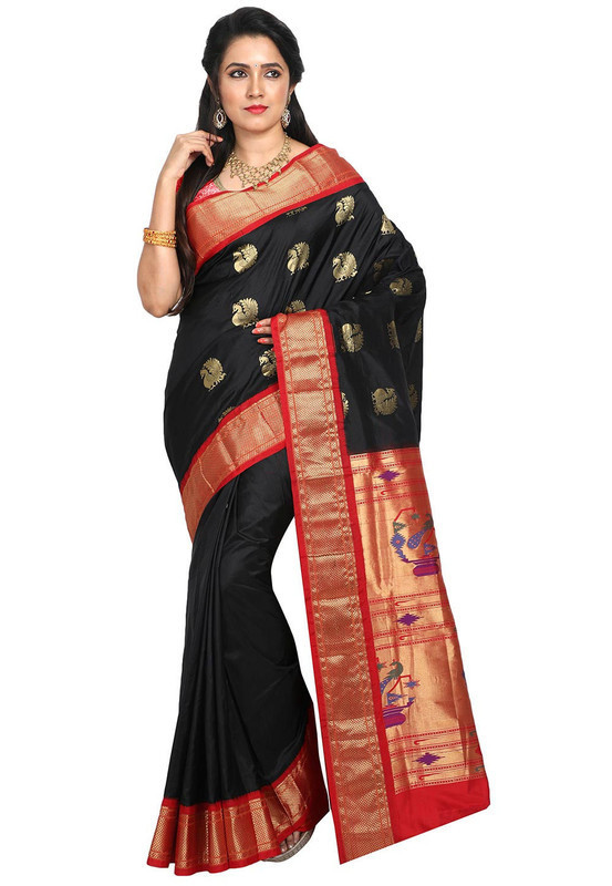 Paithani Pure Silk in Black with Red Contrast Border Meena Butta Saree with Silk Mark