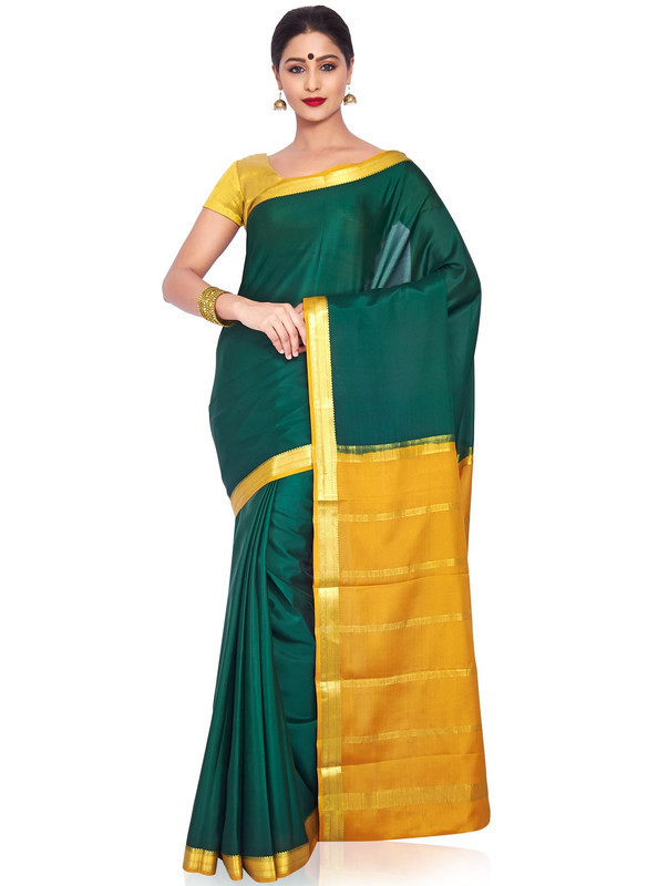Bottle Green with Mustard Yellow Mysore Silk Saree | KSIC Sarees Creape Saree | mysore silk sarees online | ksic sarees online shopping