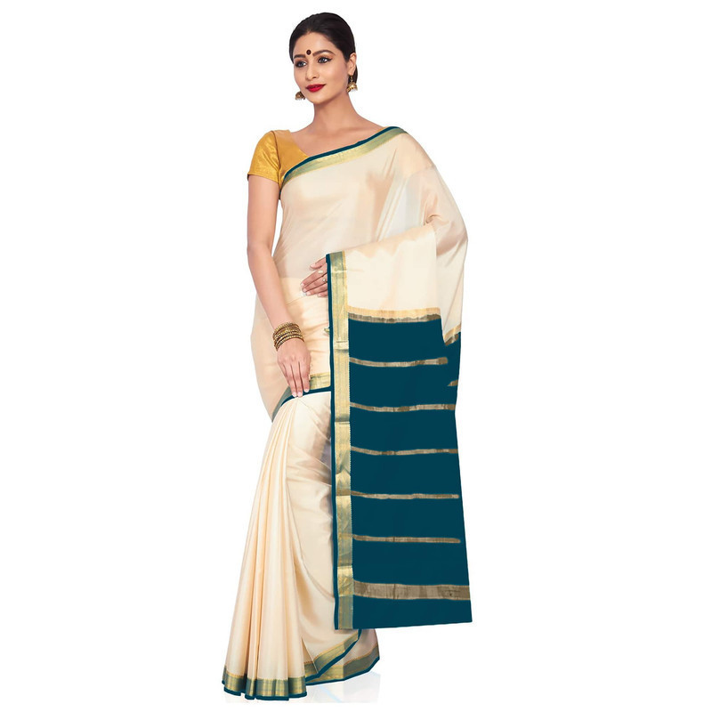 Tussar Cream with Rama Green Kerala sari | Onam Saree | Kasavu Saree | Kasavu Saree Online