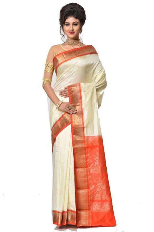 White and Orange Kanchipuram Silk Sarees  Silk Saree  Saree Online  traditional kanchipuram silk sarees online shopping