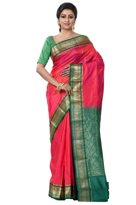 Red and Green Contrast Pink Kanchipuram Silk Sarees  Silk Saree  Saree Online  traditional kanchipuram silk sarees online shopping
