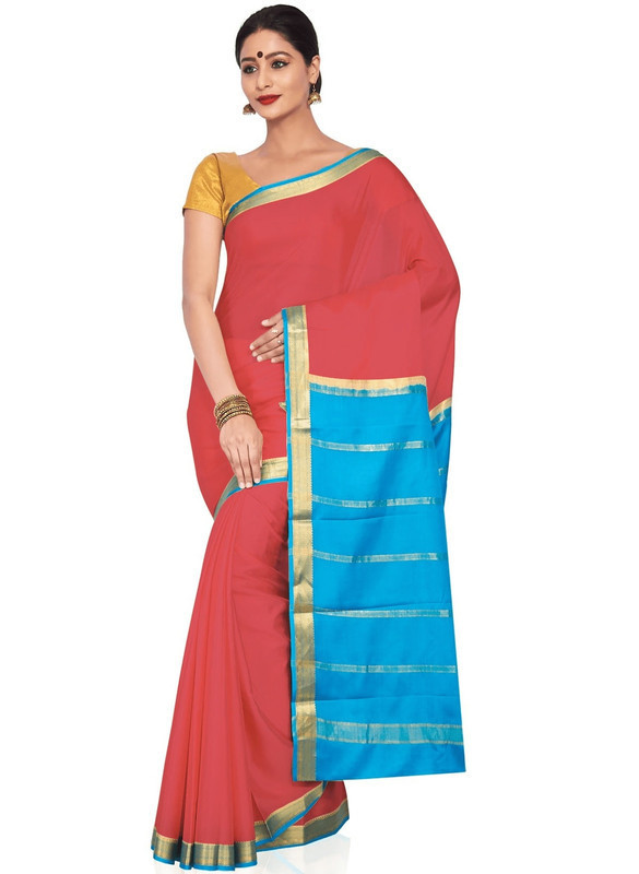 Peach Pink and Anandha Blue Mysore Silk Saree | KSIC Sarees | Creape Saree | mysore silk sarees online