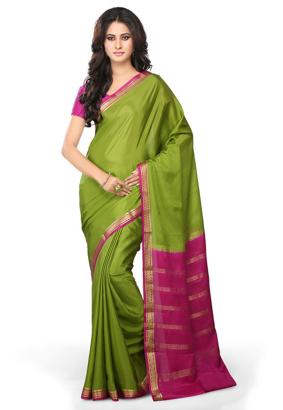 Parrot Green with Pink Mysore Silk Saree | KSIC Sarees Creape Saree | mysore silk sarees online | ksic sarees online shopping