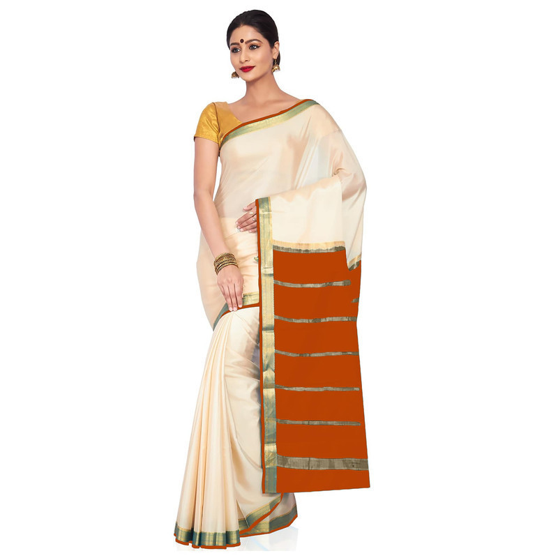 Tussar Cream with Orange Kerala sari | Onam Saree | Kasavu Saree | Kasavu Saree Online