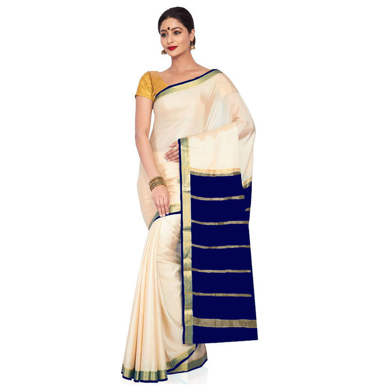Tussar Cream with Royal Blue  Kerala sari | Onam Saree | Kasavu Saree | Kasavu Saree Online