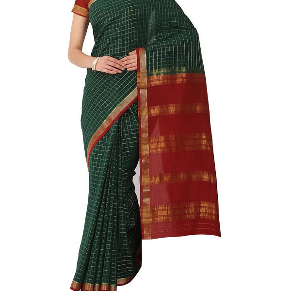 Bottle Green and Marron Checks Pure Mysore Silk Saree | KSIC Sarees | Creape Saree | Mysore silk sarees online