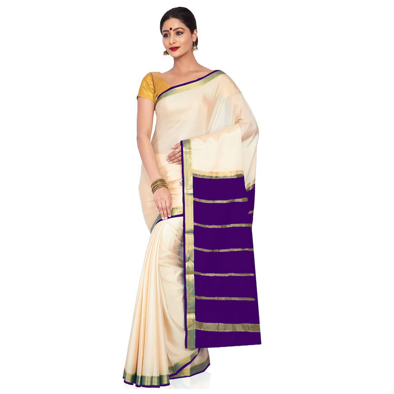 Tussar Cream with Purple  Kerala sari | Onam Saree | Kasavu Saree | Kasavu Saree Online