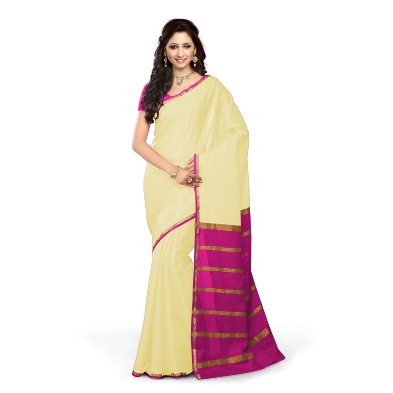 Tussar Cream with Pink  Kerala sari | Onam Saree | Kasavu Saree | Kasavu Saree Online