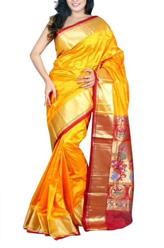 Golden Yellow and Marron Border Paithani Sarees | Paithani sarees online | New paithani sarees